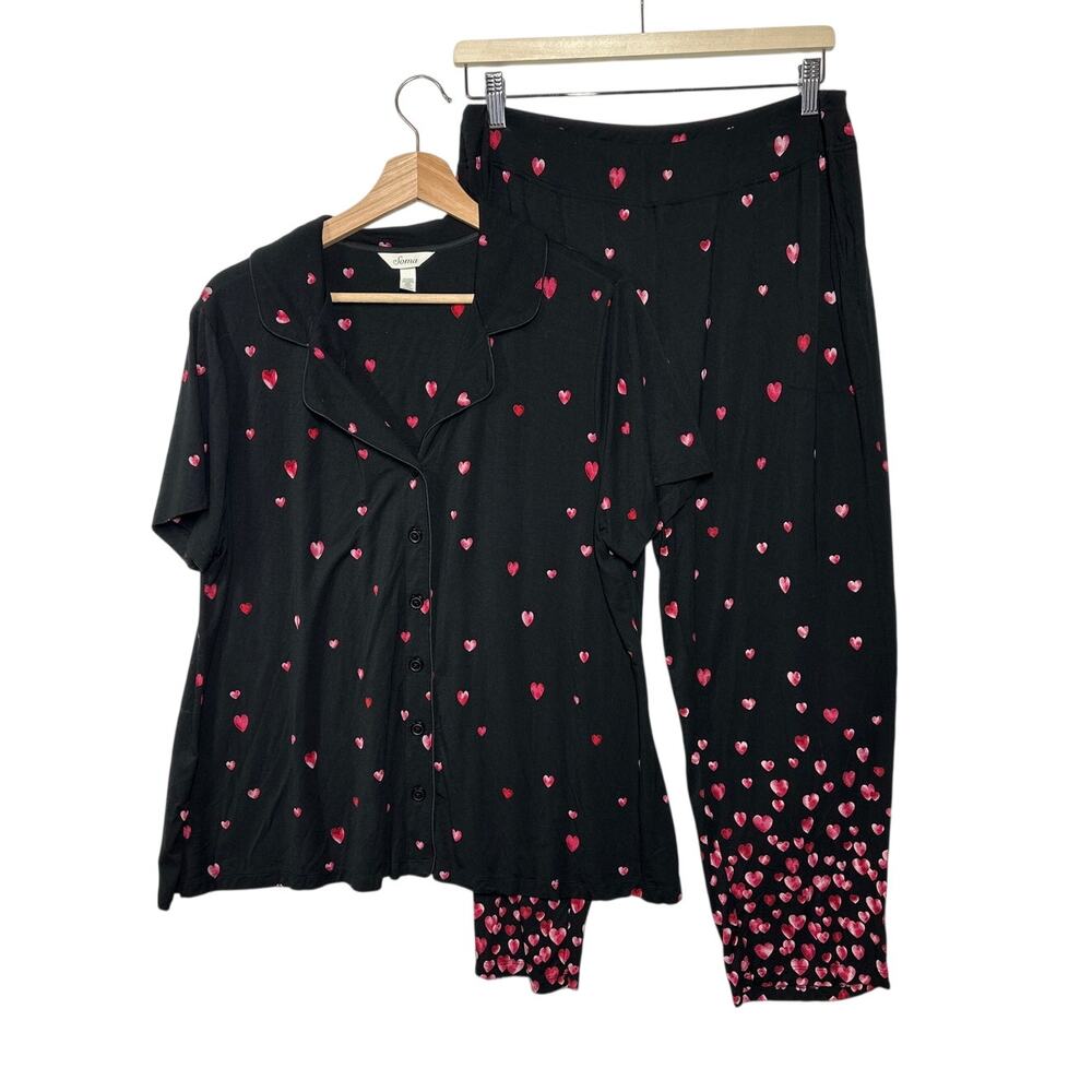 Soma 2-Piece Pajama Set Red Hearts Notch Collar Cropped Pants Pockets Sz L / XL